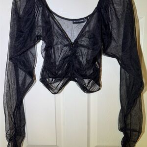 PrettyLittleThing Black Sheer Asymmetrical Crop Blouse